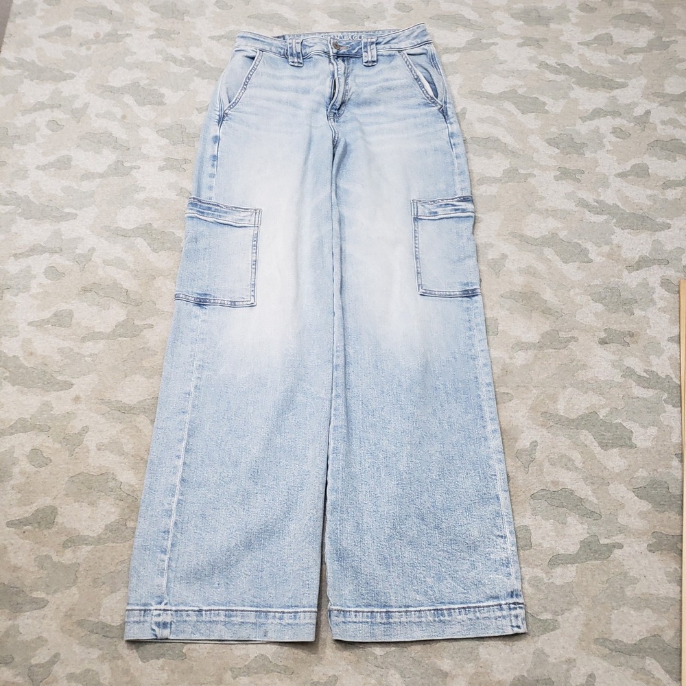 American Eagle Cargo Jeans Womens 2 Blue Wide Leg Pockets Denim Light Wash